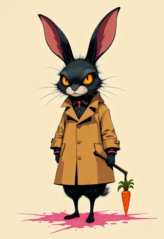 A vampire-hunting black bunny with bright orange eyes, wearing an oversized tan trench coat, holding a carrot-shaped wooden stake, standing on pink sparkles against a beige background.