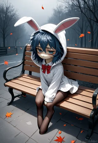 Female pony character wearing a full-body white bunny costume with a hood and pink inner ears, sitting tiredly on a wooden park bench surrounded by fallen autumn leaves under soft ambient dusk lighting.