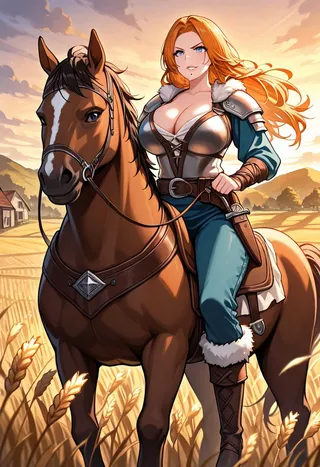 A Viking woman with long orange hair and blue eyes rides a brown horse through a golden wheat field at sunset. She wears fur-trimmed armor and boots, holding the horse's reins confidently.