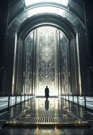 A towering mirrored alloy door etched with intricate orbiting glyphs at the end of a silver-inlaid causeway, with a lone figure standing before it in a futuristic setting.