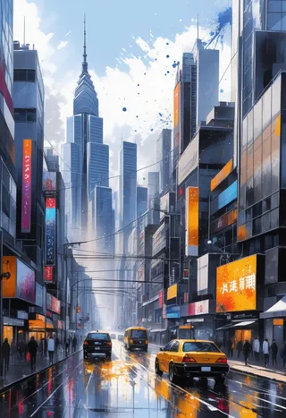Urban cityscape featuring tall skyscrapers with a chrome steel look, busy street with yellow taxi and cars, and vibrant ink splatter art in the sky.