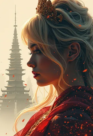 Photorealistic closeup portrait of a sci-fi galactic warrior princess with blonde loose hair and coronet, dressed in an elaborate gown, with a Japanese citadel silhouette in the background and directional lighting.