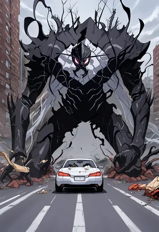 Giant black humanoid monster named Ant King Beru with red eyes crushing a white car in the middle of a city street surrounded by destroyed buildings and debris.
