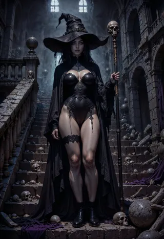 A dark fantasy gothic witch standing confidently on a cracked stone staircase surrounded by skulls and fog, holding a skull-topped staff in a dark, eerie setting.