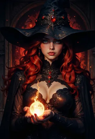 A dark fantasy digital artwork of a young witch with flowing fiery red hair and an ornate black hat, holding a glowing fiery orb in her hands.