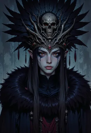 검은 깃털과 부족 문양이 있는 화려한 해골 장식을 착용한 다크 판타지 스타일의 신비로운 여성, 빛나는 붉은 눈과 긴 검은 머리카락.