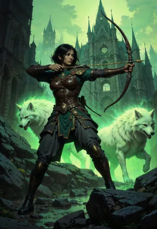 A female archer in medieval armor aims a golden arrow on a longbow, flanked by glowing green spectral wolves with a grand medieval castle in the misty background.