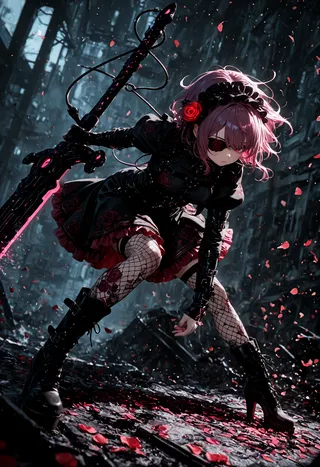 A girl in a dynamic pose holding a huge mechanical sword over her shoulder, wearing an eyepatch, frilled black dress, fishnet thighhighs, and boots with high heels, surrounded by glowing floating rose petals in a post-apocalyptic setting.