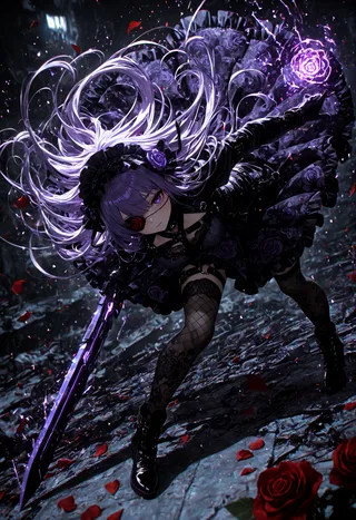 Cyberpunk girl with flowing purple hair, wearing an eyepatch and black frilled dress, holding a huge glowing mechanical sword and a glowing rose, posed dynamically with fishnet stockings and boots, surrounded by floating rose petals in a dark post-apocalyptic setting.