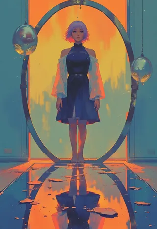 Woman with short lavender hair wearing a cobalt blue dress stands barefoot in front of a large oval mirror, with her reflection distorted in a reflective puddle on the floor.