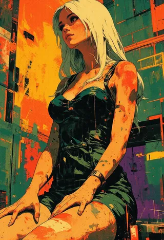 Digital artwork of a woman with platinum blonde hair wearing a dark emerald green dress, sitting against an abstract, vibrant urban background.