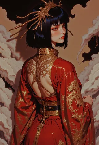 Anime-inspired digital illustration of a young woman with indigo bob-cut hair wearing a red kimono with gold accents, showing a detailed phoenix tattoo on her back.