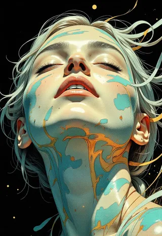 Close-up of a hyper-realistic woman's face with closed eyes, platinum blonde hair, and dynamic teal and gold abstract streaks on her skin against a black background.
