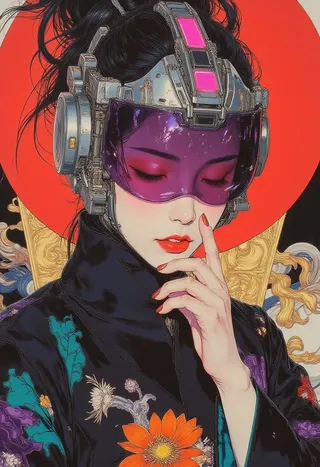 A cyberpunk woman with a metallic violet and silver helmet, purple visor, and traditional black kimono adorned with colorful flowers against a deep crimson background.