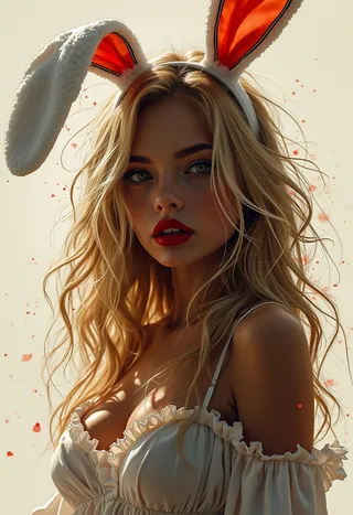 Photorealistic portrait of a bunny girl with blonde loose hair, red lips, wearing a bunny costume with fake bunny ears on a headband, captured in soft directional lighting with inksplash details.