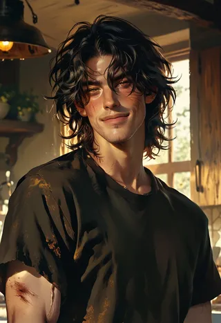 Athletic young man with black wavy hair, yellow lizard-like eyes, multiple burn scars, smiling in a medieval kitchen, lit by warm dynamic sunlight.