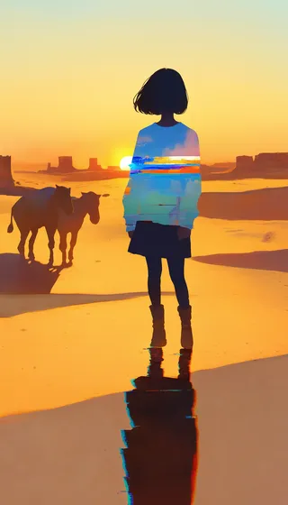 Silhouette of a girl standing in a desert during sunset with two horses nearby and a glitch art effect across her body.
