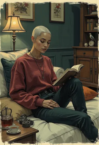A bald young woman with deep bronze skin wearing a burgundy knit sweater and dark green pants sits on a cushioned sofa reading a book in a dimly lit vintage-style room filled with eclectic decor and warm lighting.