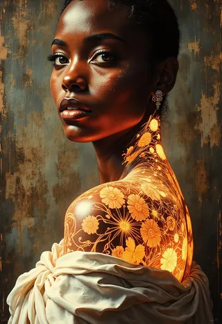 Portrait of a radiant woman with warm brown skin, glowing molten-gold floral tattoo on shoulder and neck, moody cinematic lighting, silver earring, and textured weathered wall background.