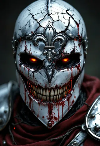 Close-up of a cursed lily-knight wearing a cracked silver-plated great helm adorned with a burnt fleur-de-lis crest. Blood drips down the detailed, eerie face mask with glowing fiery eyes and stained armor.