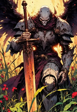 A menacing dark fantasy angelic warrior clad in skeletal, rust-colored armor kneels in a lush meadow with crimson flowers, holding a massive corroded sword, backlit by a golden sunset.