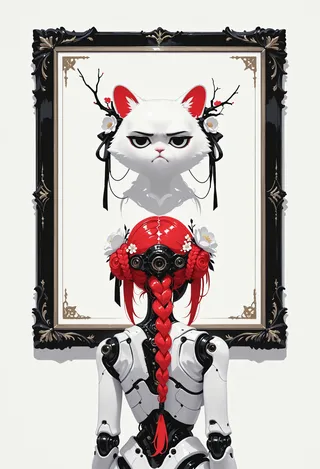 Robot with red braided hair adorned with flowers viewed from the back, facing a framed monochrome portrait of a grumpy white cat with decorative branches.