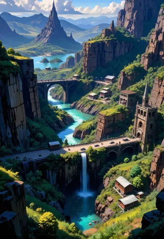 Scenic mountain valley featuring steep cliffs and a flowing river with a waterfall, crossed by bridges connecting small village structures under a bright blue sky with clouds.