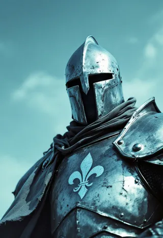 Close-up of a knight wearing weathered steel armor and a helm, featuring a lily emblem on the breastplate against a blue sky background.