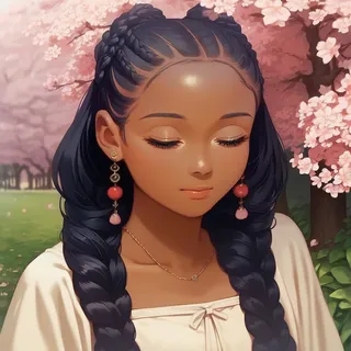 Close-up anime style illustration of a black woman with dark skin, long braided hair, and a sun dress under blooming cherry blossom trees in a park.