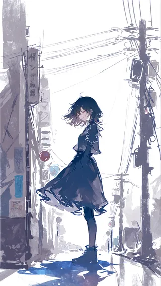 A woman with dark hair and a flowing dress stands smiling in silhouette on an urban street, surrounded by muted tones and power lines.