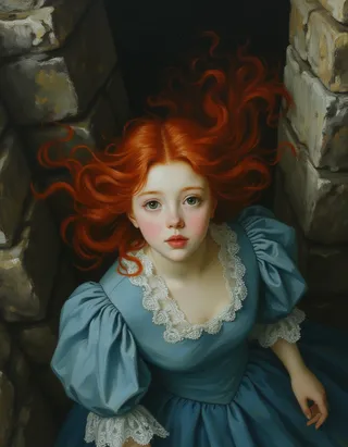 A hyper-detailed oil painting portrait of a young teen princess with flowing red hair wearing a blue Victorian dress with lace, surrounded by stone castle walls, lit with Rembrandt lighting.