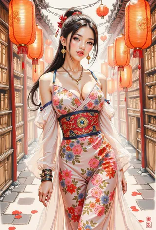 Asian woman in a floral Chinese dress with long ponytail and traditional jewelry walking through a market street adorned with glowing red Chinese lanterns.