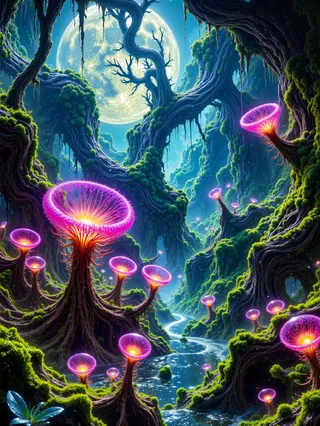 A vivid alien swamp ecosystem under a large glowing moon, featuring radiant bioluminescent carnivorous plants with spiraled traps and glowing filaments amidst twisted moss-covered trees and a winding reflective waterway.