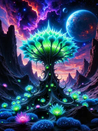 A surreal alien plant with fractal geometry and glowing bioluminescent tendrils stands against a vibrant galactic nebula sky, surrounded by an otherworldly alien landscape.