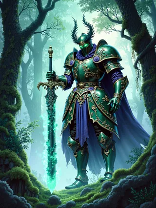 A towering armored knight in dark green ornate armor with curling horns on the helmet and glowing green eyes, standing in a misty enchanted forest holding a glowing mystical sword.