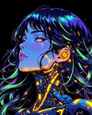 A vibrant cyberpunk anime-style close-up portrait of a futuristic woman with glowing mechanical features and iridescent hair under neon lighting.