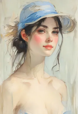 A head and shoulders impressionist portrait of a woman with dark hair in a ponytail, wearing a sky blue and white mesh baseball cap and a pale yellow tee, rendered with bold brushstrokes.