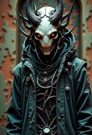 Dark futuristic android with a skull-like mask and prominent demon horns, glowing red eyes, wearing a black hooded jacket with mechanical tentacles.