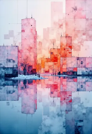 Abstract cityscape with fuchsia and orange hues blending into icy blue, featuring minimalist geometric buildings reflected in calm winter waters.