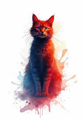 A striking expressionistic cat rendered with dynamic watercolor splashes in bold crimson, ochre, and deep indigo on a stark white background.