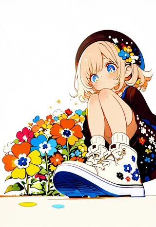 Cute anime girl with blue eyes and light hair crouching in white sneakers adorned with flowers, surrounded by colorful flowers on a white background.