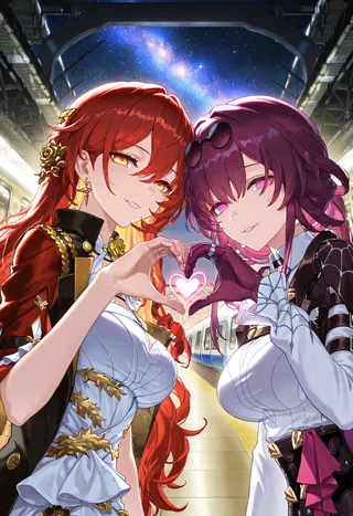 Kafka and Himeko from Honkai Star Rail at a train station at night, making a glowing heart shape with hands under a starry galaxy sky.