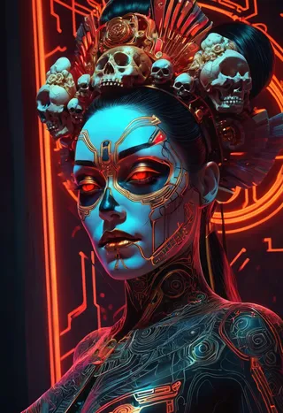 Close-up of a goth geisha adorned with neon glowing makeup and a holographic skull headdress, featuring intricate line art and a dark cyberpunk aesthetic in red and gold tones.