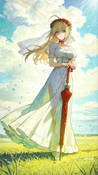 Nero Claudius standing outdoors in a white frilled dress holding a red umbrella with a flower crown on her blonde hair, under a rainbow and cloudy sky with sunlight.