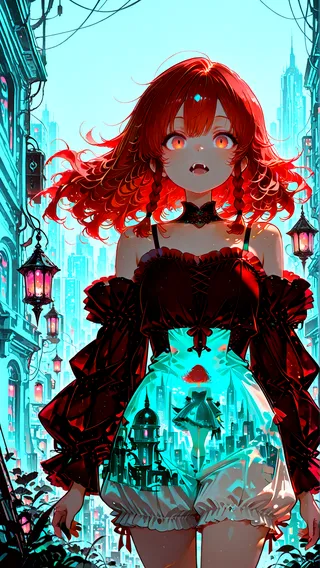A red-haired girl with fangs and side braids wears an off-shoulder dress with detached sleeves and a see-through silhouette revealing a neon cityscape, set against a simple light blue background.