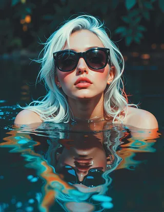 Portrait of a young woman with white hair and large black designer sunglasses, partially submerged in water with colorful reflections.
