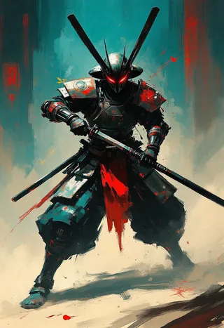 A sci-fi futuristic Bunraku warrior clad in detailed samurai armor with red glowing eyes holding a katana in a battle stance, painted in vivid digital art style.