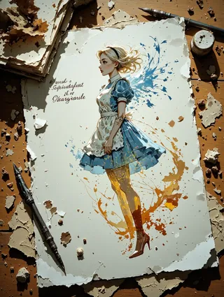 A detailed illustration of Alice from Alice in Wonderland on a wrinkled sheet of white paper, featuring splashes of blue and orange paint with a quill pen placed nearby