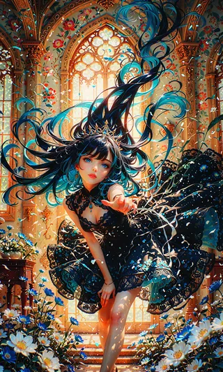 A detailed anime girl with flowing multicolored blue and black hair wearing a black lace dress and a crown, surrounded by blooming flowers in an ornately decorated indoor garden with warm volumetric lighting.