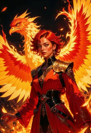 A fiery Emberheart Sorceress clad in flame robes with intricate golden runes stands confidently before a blazing phoenix with radiant crimson, orange, and gold wings.